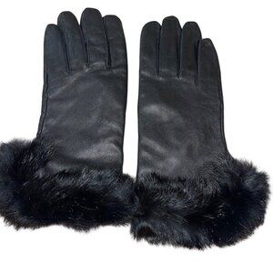 Paris Womens Size 8.5 Black Leather Rabbit Fur Trim Cuff Gloves Casual